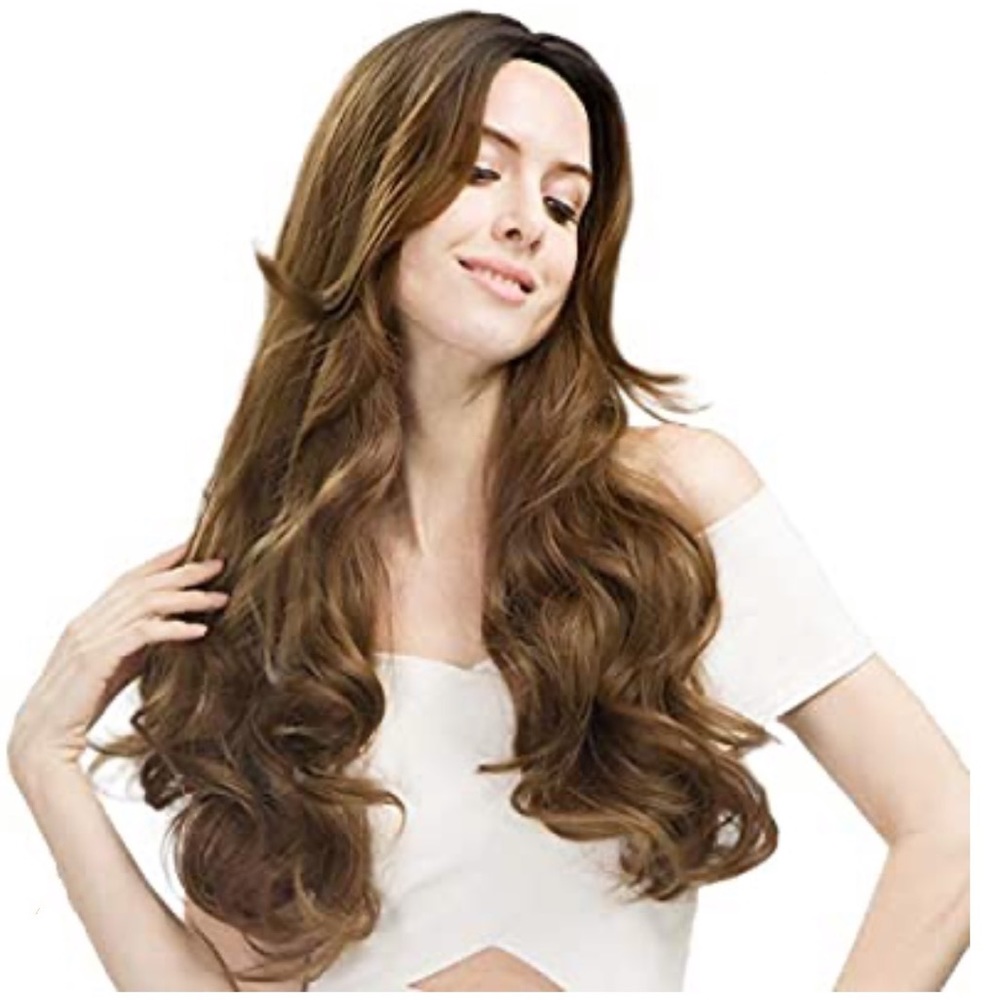 Honey Brown Dark Root 28 Inch long Loose Wave Wig